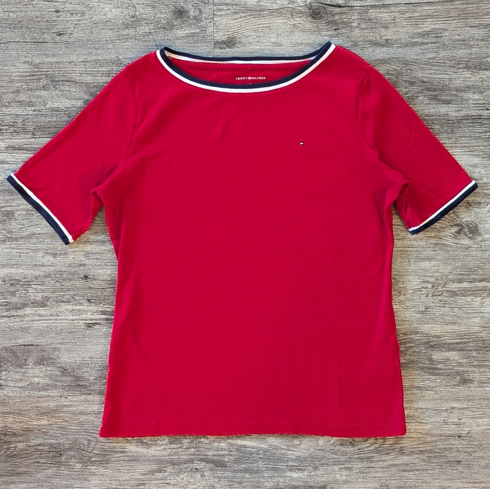 Tommy Hilfiger - Short Sleeve Boat Neck T-shirt Red w Blue, White Stripes, Logo